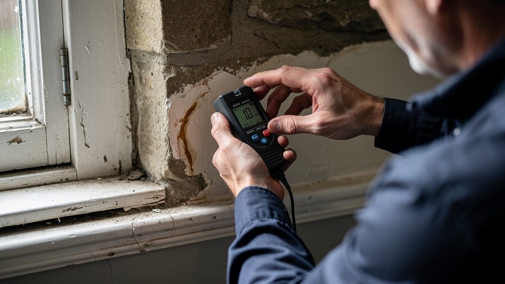 Surveyor using damp meter on a Victorian stone wall in West Yorkshire