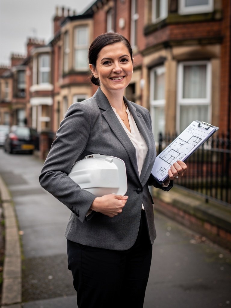 Sarah Thornton, Senior Building Surveyor at Bradford Shipley Surveyors, standing outside a Victorian terraced property in West Yorkshire
