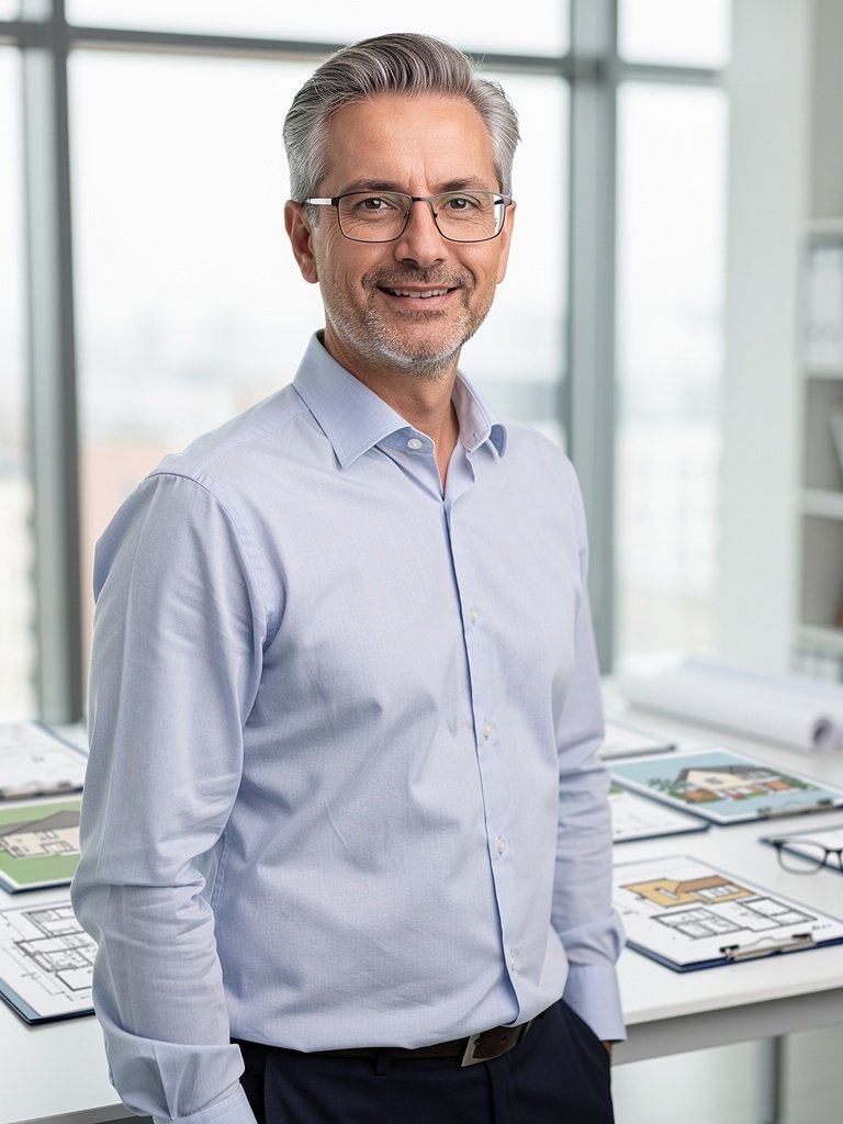 Robert Caldwell, Commercial Surveyor at Bradford Shipley Surveyors, seated at a desk with survey plans and a laptop